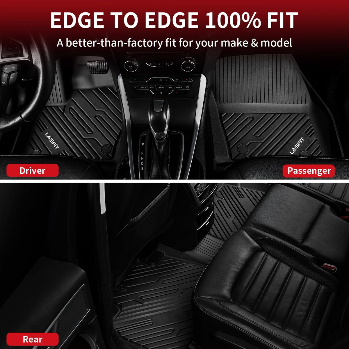 LASFIT Floor Mats for Ford Edge 2015-2024 SE/SEL/SEL Plus/Sport/ST/ST-Line/Titanium, Custom Fit TPE Car Floor Liners, 1st & 2nd Row All Weather Protector, 3pcs Black