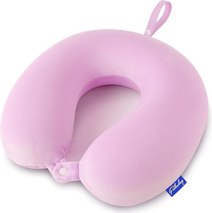 Travel Pillow Memory Foam for Airplanes - Neck Pillow for Traveling, Car, Home, Flight Pillow for Sleeping with Attachable Snap Strap Soft Washable Cover, Provide Head Neck Support Rest, Light Purple