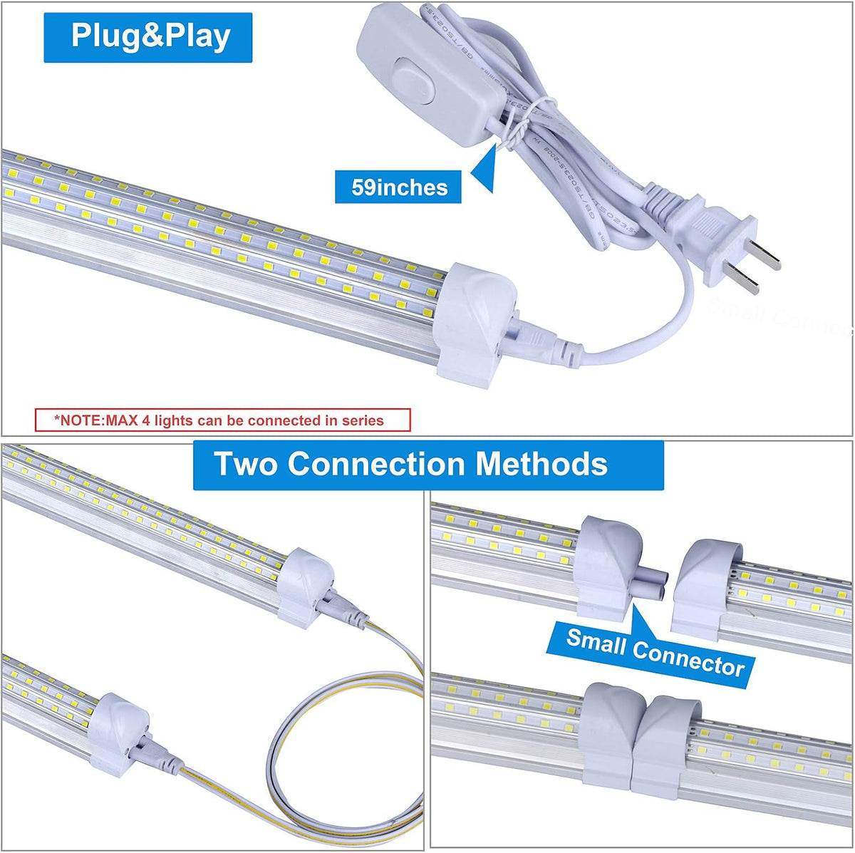 6 Pack, 8FT LED Shop Light Fixture, 144W 18500LM 5000K, Daylight White, U Shape, Clear Cover, Hight Output, Linkable Shop Lights, T8 LED Tube Lights, 8 LED shop lights for garage 8 foot with plug