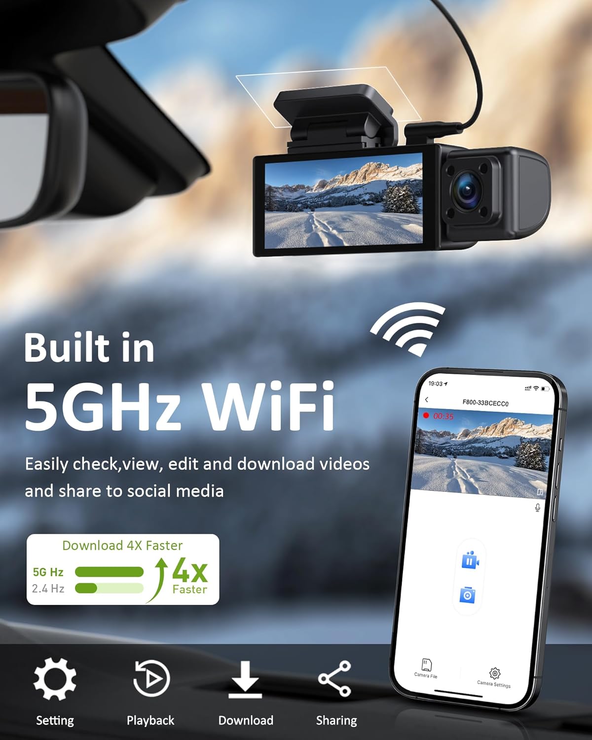 4K 3 Channel Dash Cam Front Rear Inside，STARVIS Sensor, 5GHz WiFi,64GB Card Included, 2160P+1080P+1080P Car Dash Camera, 3.16" IPS Screen, IR Night Vision,HDR, G-Sensor, 24/7 Parking Mode