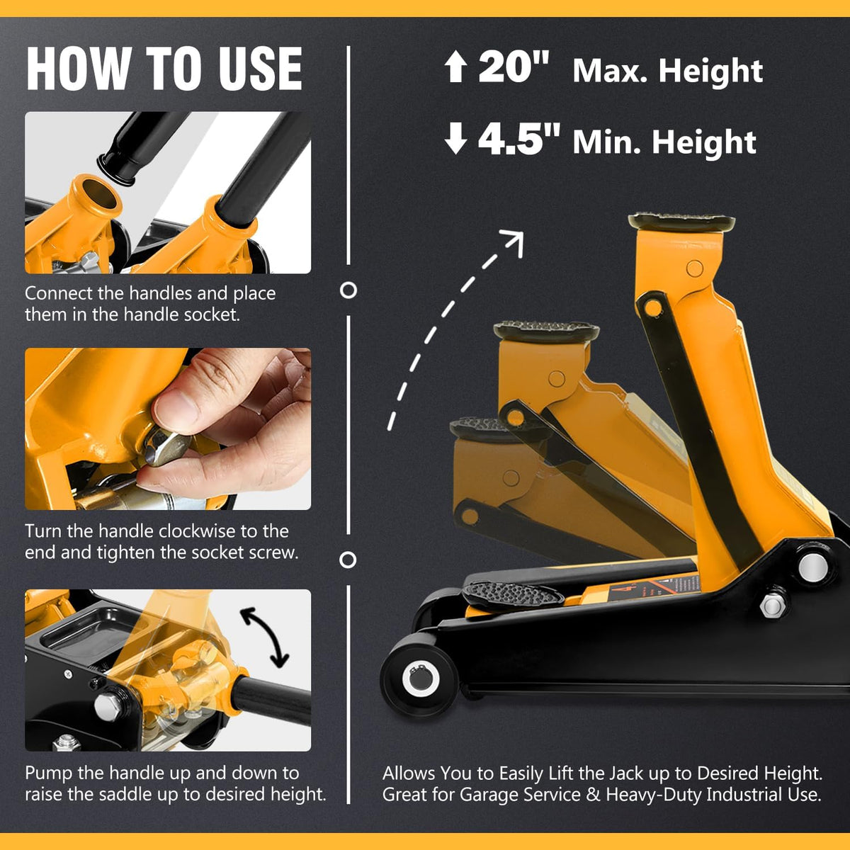 DNA MOTORING Low Profile Hydraulic Trolley Service/Floor Jack, 4 Ton (8000 lbs) Capacity, Lifting Range 4.5"-20", Orange, TOOLS-00307-OG