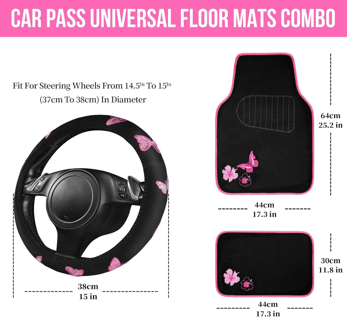 CAR PASS Embroidery Butterfly Steering Wheel Cover and Waterproof Car Floor Mats,Pink Car Mats 14.5-15inch Steering Wheel Covers Universal Fit for Cars, Suvs,Sedans,Van,for Women Girl(Black and Pink)