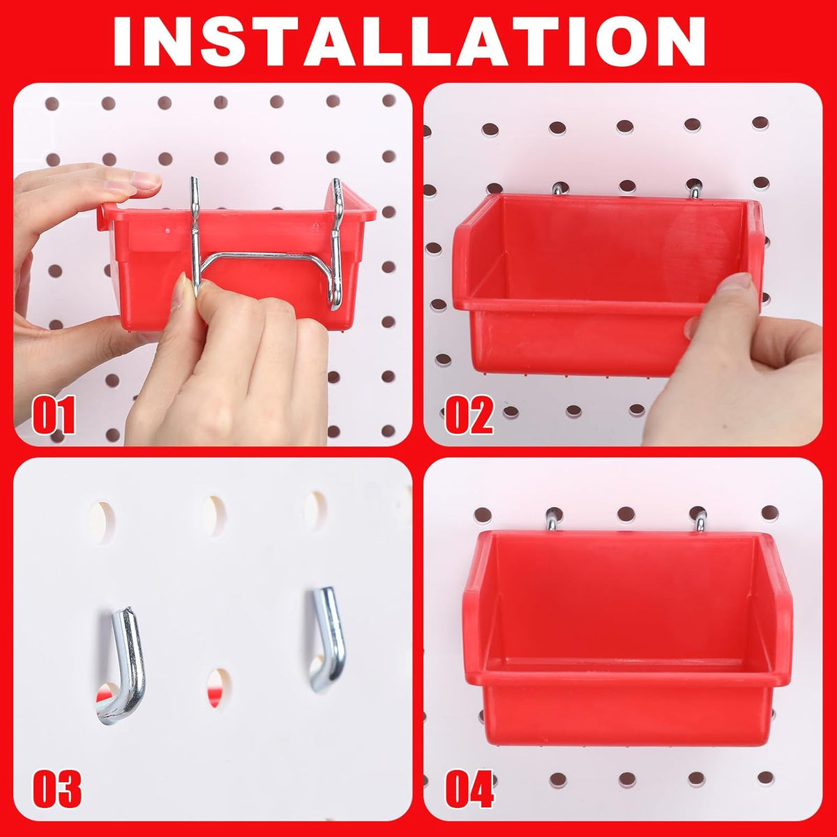 Yookeer 20 Pcs Pegboard Bins and Cups with Hooks and Loops Peg Assortment Organizer Accessories Various Tool Organizer Pegboard Baskets Set for Garage Workshop Workbench Office(Red)