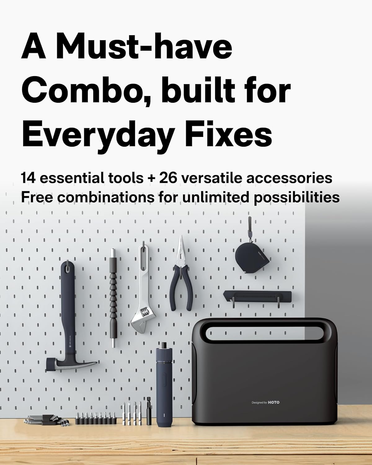 HOTO 40-Piece Tool Kit, Household Essentials tool set w/Smart Electric Screwdriver (LED, 3 Torque) + 14 Tools & 26 Accessories | Pro-Grade Compact Organizer for Home, Dorm Repairs, DIY