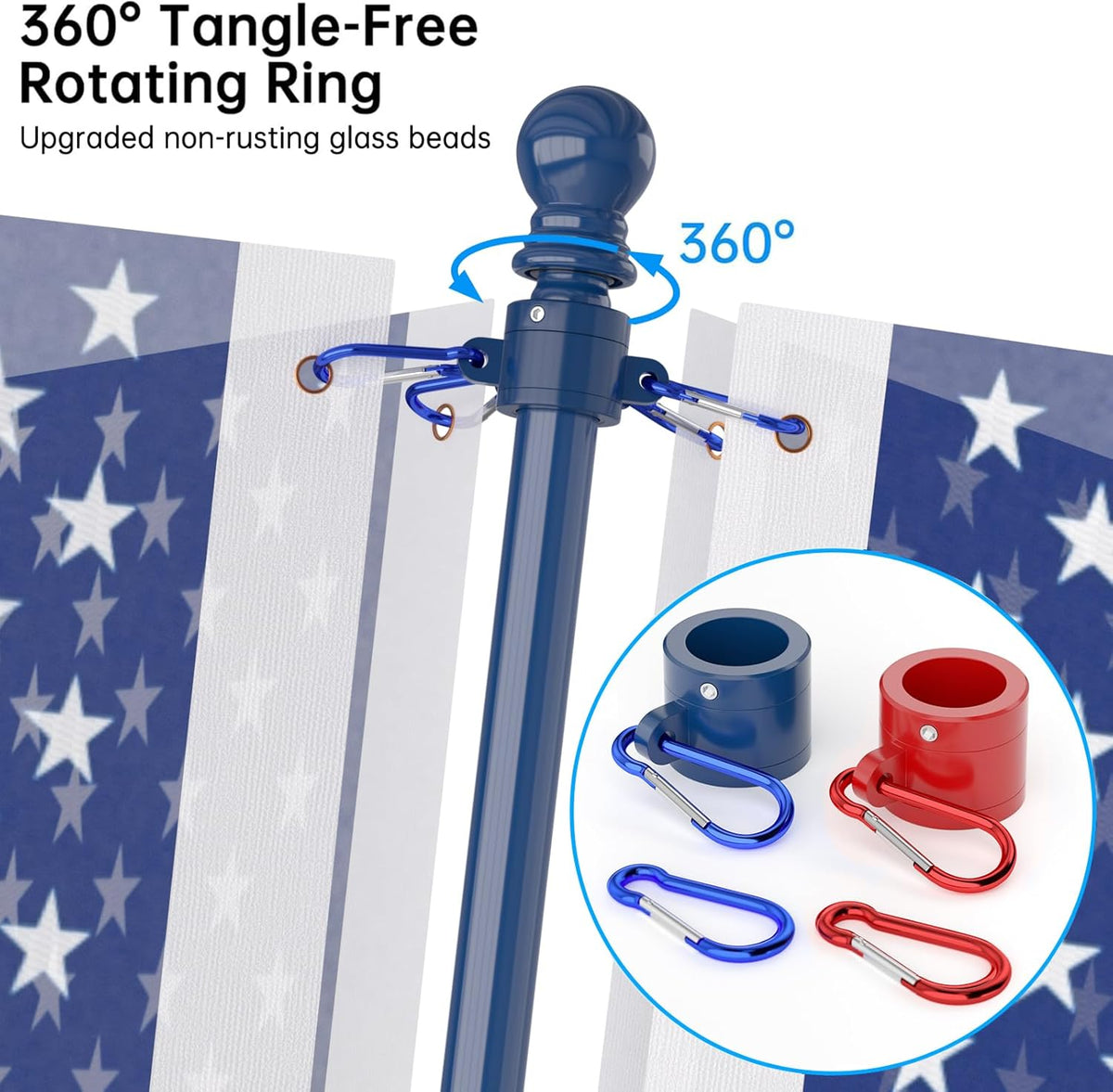 ZMTECH Flag Pole - Upgraded Bracket,(2 Packs) 6 FT Stainless Steel Flag Poles for Outside House, Residential or Commerical, Tangle Free Flag Pole Kit (Without Flag, Blue&White&Red)