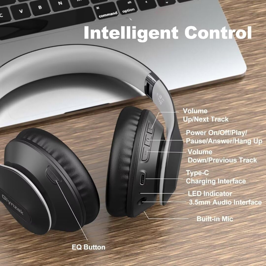 Wireless Bluetooth Headphones Over Ear, 65H Playtime HiFi Stereo Headset with Microphone and 6EQ Modes Foldable V5.3 Bluetooth Wireless Headphones for Travel Computer Laptop