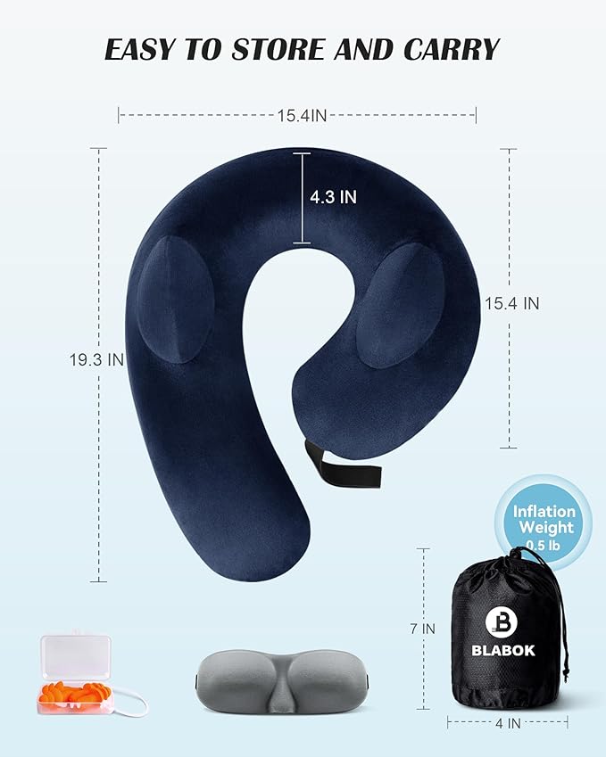 Patented Design Inflatable Travel Neck Pillow – Airplane Neck Pillow with 360° Head & Neck Support, Soft Washable Velvet Cover, Compact Neck Support Pillow for Airplane,Train,Car,Office & Home (Blue)