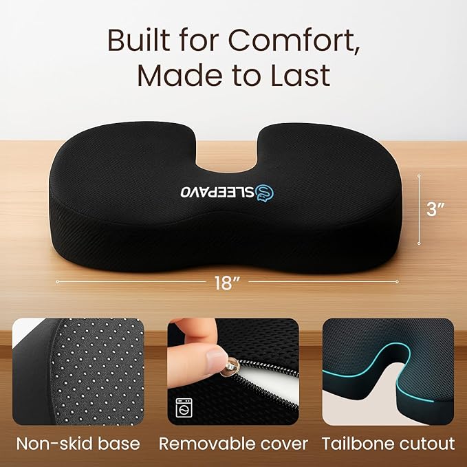 Sleepavo Office Chair Cushion - Seat Cushion for Tailbone Pain Relief - Butt Pillow for Coccyx, Sciatica, and Lower Back Pain - Orthopedic Chair Pad for Lumbar Support in Office Desk, Car, Airplane
