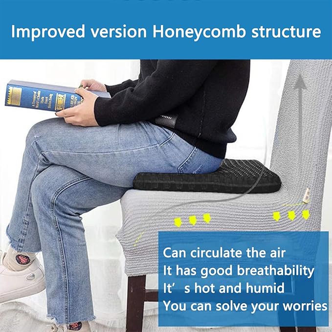 Gel Seat Cushion, for Long Sitting -Double Thick Gel Seat Cushion Breathable Honeycomb Chair Cushion with Non-Slip Cover for Office Chair Car, Wheelchair, Long Trips,Relief Sciatica Pain