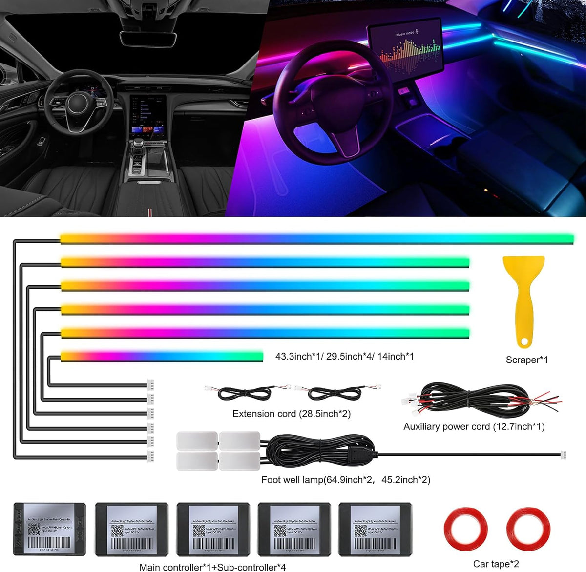 Dream+Color Acrylic Interior Car LED Strip Light with Wireless APP, RGB 10 in 1 with 175 inches 593 Neon Ambient Lighting Kits, Dynamic Chasing Music Sync LEDs Fiber Optic Strip Lights for Car