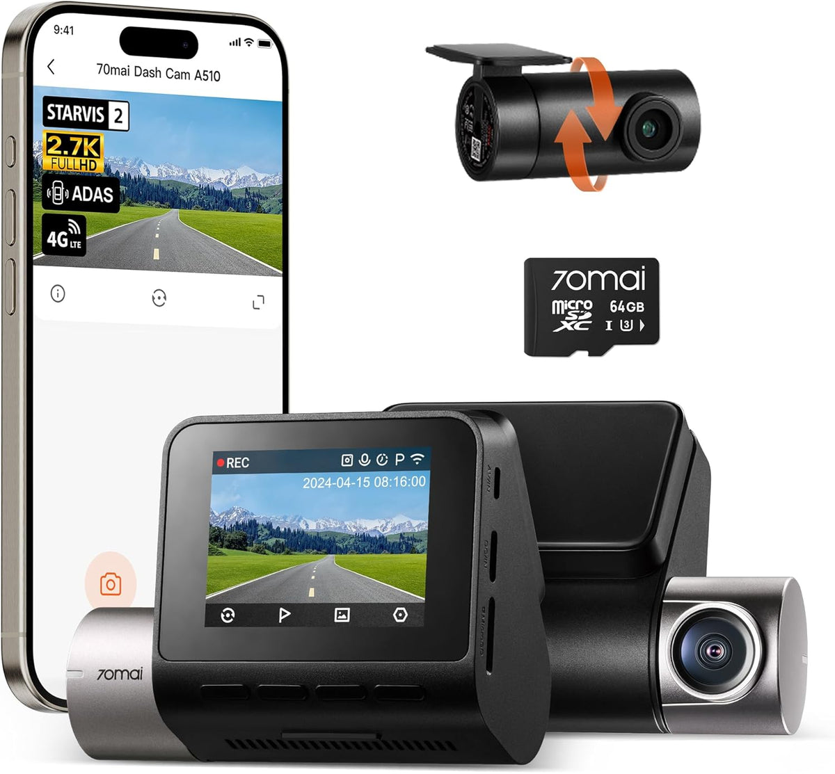 70mai Dash Cam Front and Rear A510,1944P+1080P with STARVIS 2 IMX675 and 64GB Card, Dash Camera for Cars, 4G LTE Support, ADAS, Built-in GPS WiFi, APP Control, HDR, 24H Parking Mode, Loop Recording