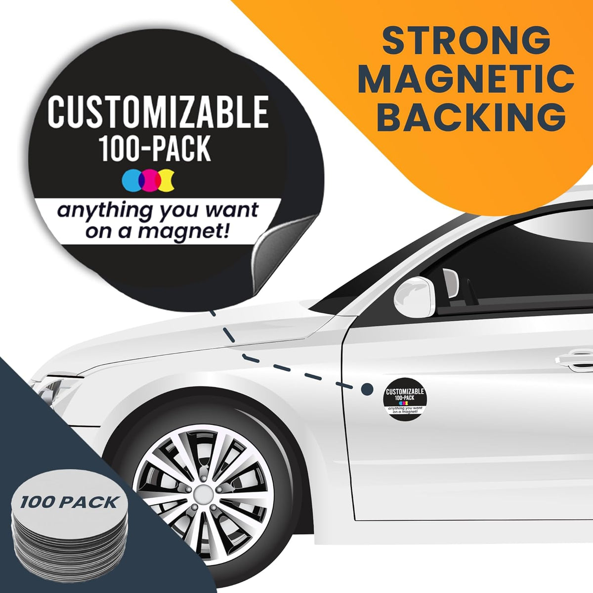 Magnet Me Up Customizable 30 Mil Round Magnet- 5”, 100 PK Weatherproof Car Magnet for Businesses, Sports Teams, Fundraiser, Personal Expression- Custom Text & Logo- Strong Magnetic Vinyl for Vehicles