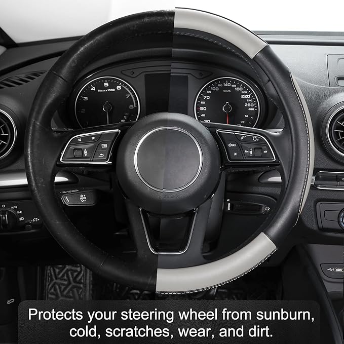 SEG Direct Car Steering Wheel Cover Large Size for F150 F250 F350 Ram 4Runner Tacoma Tundra Range Rover with 15 1/2 inches-16 inches Outer Diameter, Black and Gray Microfiber Leather