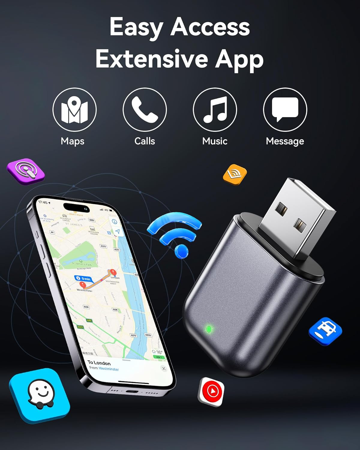 Burnt Sugar Wireless CarPlay Adapter for iPhone 2025 Upgrade, Wired to Wireless Ultra-Mini for Apple Car Play Adapter, WI-FI + Bluetooth Connect Stable Plug & Play for iOS 10+ & Cars from 2016+ (Gray)