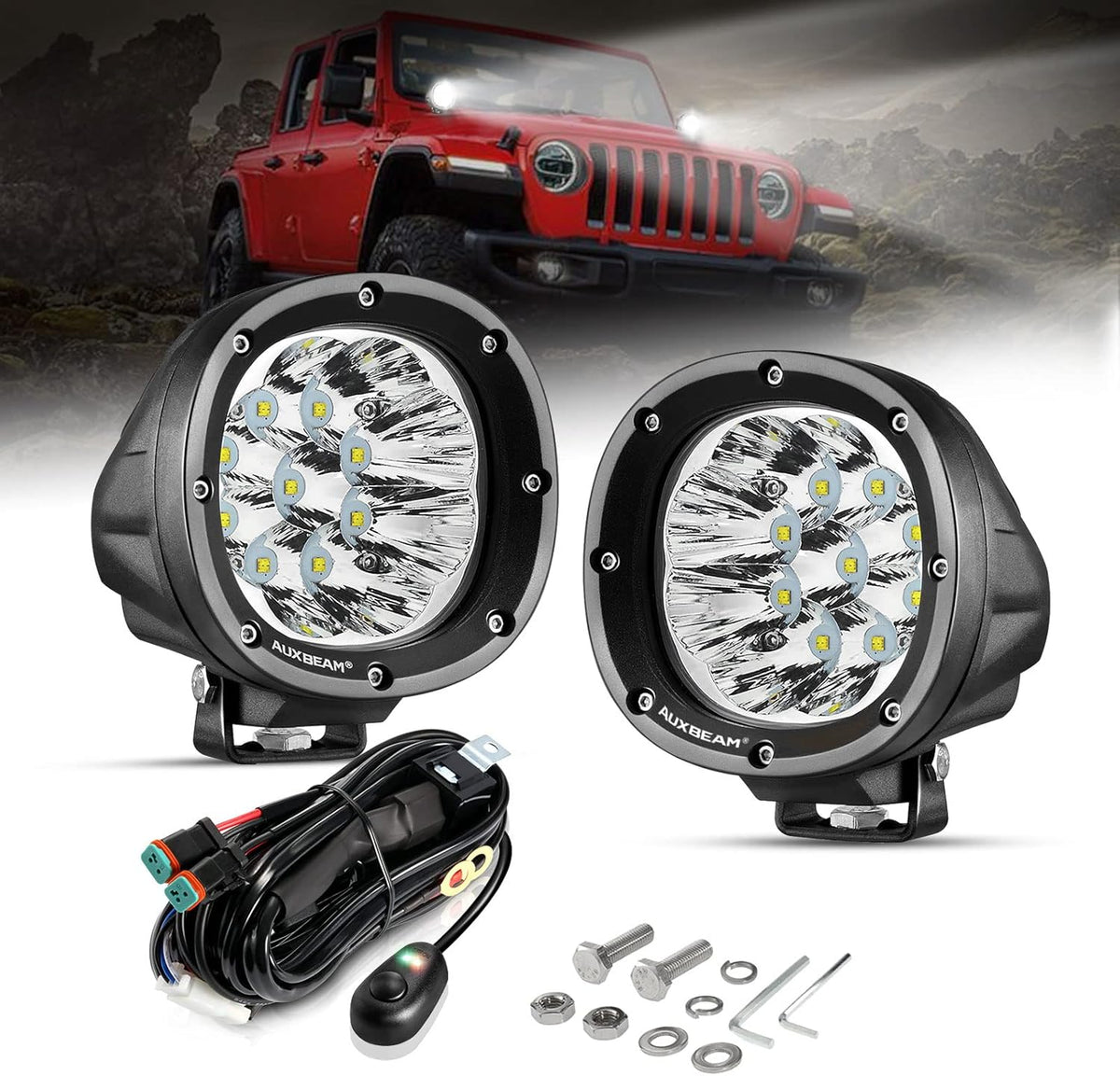 Auxbeam 4 Inch Round LED Offroad Lights 2PCS 90W LED Light Pods Round LED Driving Lights Spot Work Fog Light with Wiring Harness for Truck Pickup SUV ATV UTV 4x4 Jeep(White Beam)