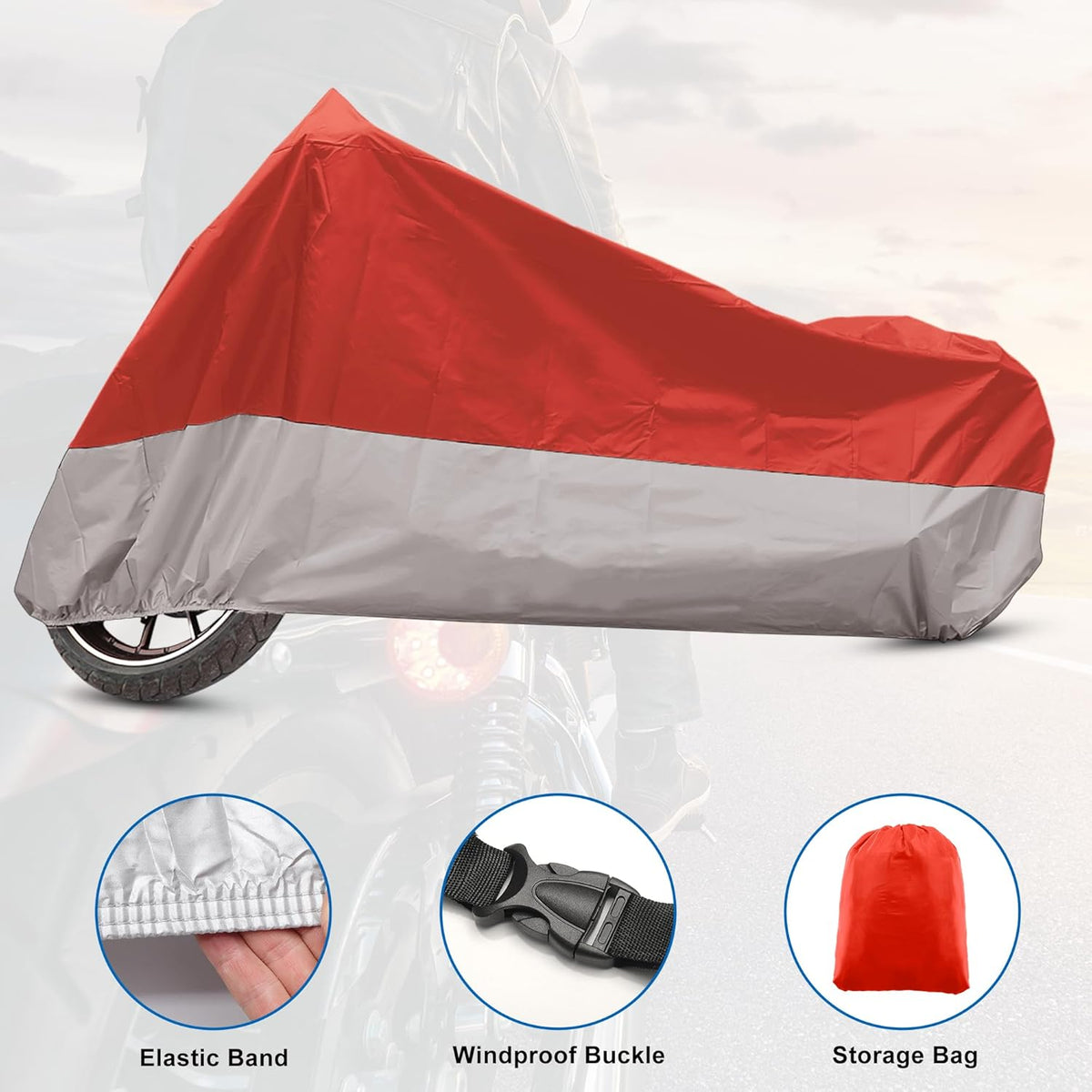 X AUTOHAUX Motorcycle Cover for Harley Davidson for Honda for Suzuki All Season Weather Waterproof Sun Motorbike Cover Fits Up to 78.74'' Motorcycles Vehicle Cover M Red Silver Tone