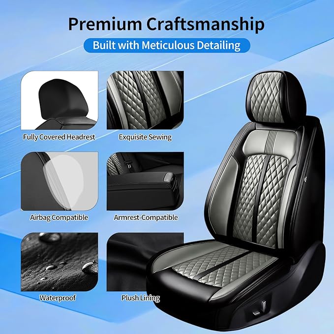 Fit Bolt Car Seat Covers for Select Chevrolet Bolt/Bolt EUV 2017-2025, Premium Full Coverage Leather, Airbag Compatible, Waterproof All Weather Seat Cushion Protector, Front Pair Black+Gray