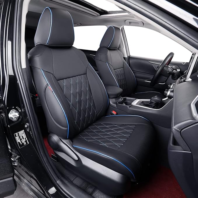 EKR Rav4 Seat Covers Custom Fit for Toyota Rav4(Gasoline) 2019 2020 2021 2022 2023 2024 2025 LE/XLE/XLE Premium/Limited,Leather Car Seat Cover Full Set for SUV,Faux Leather(Black with Blue Piping)
