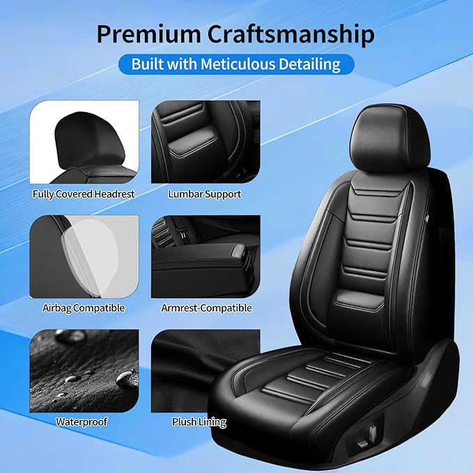 Fit Prologue Car Seat Covers (Front Pair) for Select Honda Prologue 2024-2026 - Premium Full Coverage Leather, Airbag Compatible, Waterproof & All Weather Seat Cushion Protector, Black