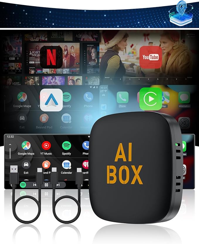 5 in 1 Wireless CarPlay Adapter and Android Auto Adapter Support Netflix/YouTube - CarPlay Ai Box Convert CarPlay Dongle TF Card/U Disk Magic Link for OEM Wired CarPlay/Android Auto Cars