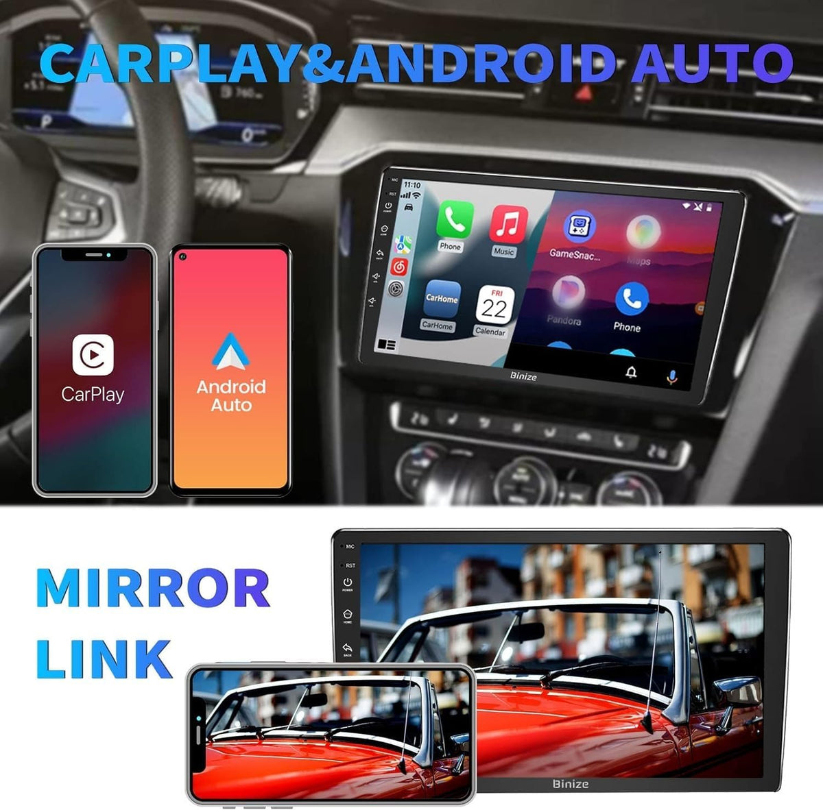 BINIZE Android Double Din 10.1 Inch Touch Screen Bluetooth Car Radio,Radio with Wireless Carplay＆Android Auto,GPS Navigation Receiver,Bluetooth,FM,Dual USB,Mirror Link,Support Backup Camera【2+32】