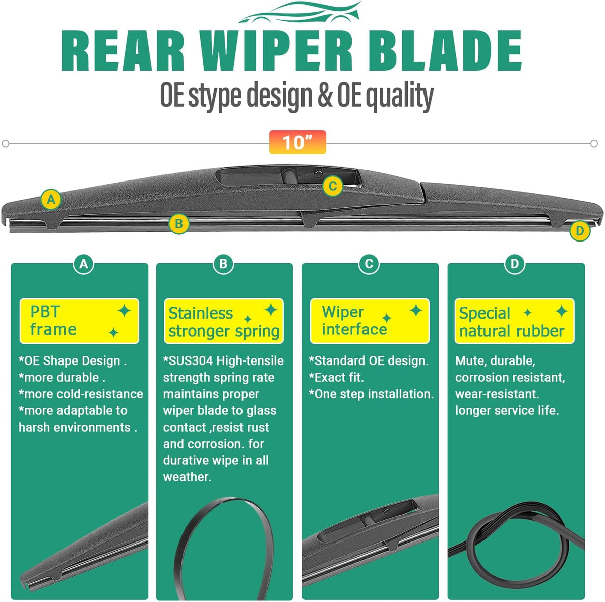 24" 21" 10" Windshield Wiper Blades Replacement for Mitsubishi Outlander Sport 2011-2024 Premium All Weather Front Rear Wipers Set - OEM Quality (Pack of 3)