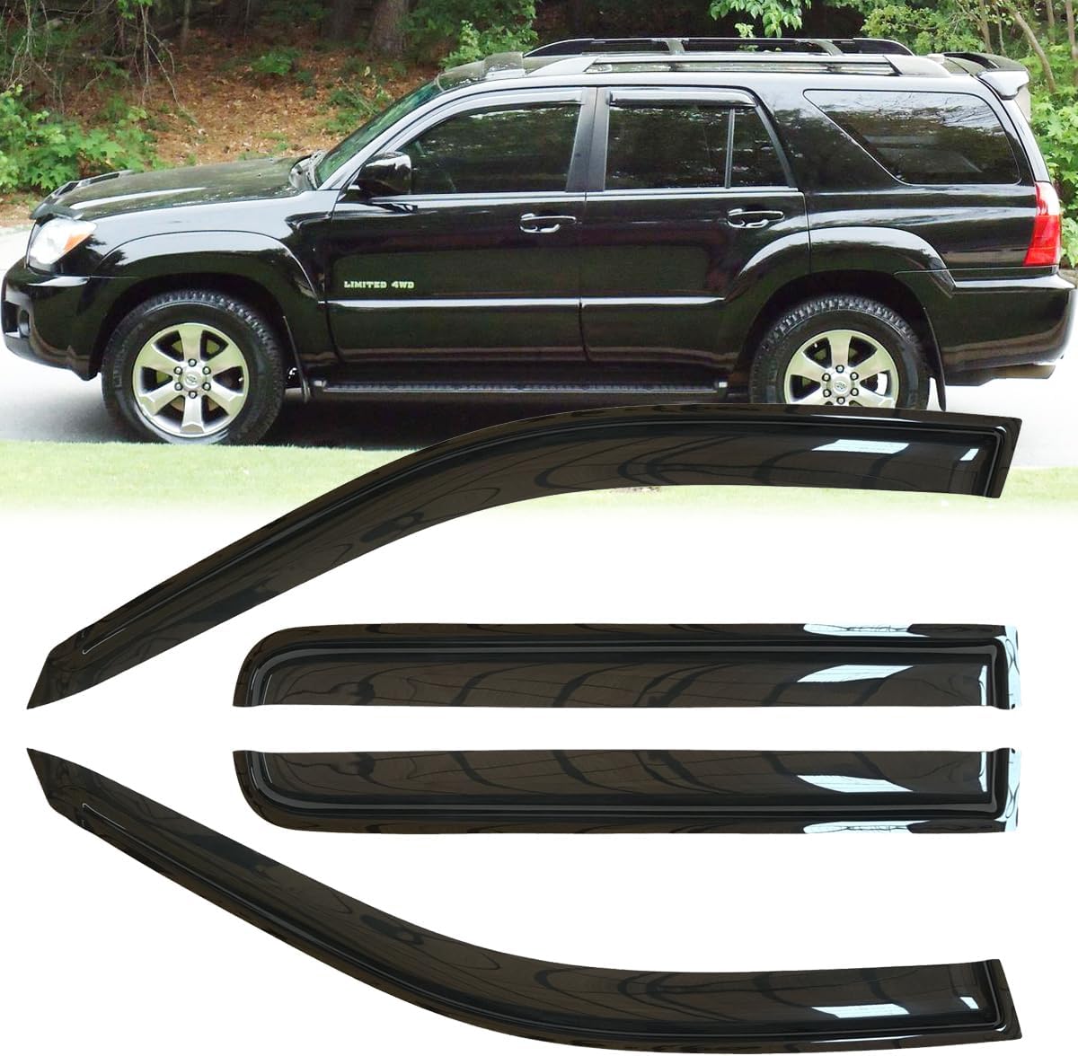 4pcs Original Shatterproof Outside Mount Style Sun Rain Guards Durable Side Window Wind Deflectors Dark Smoke Vent Window Visors Fit for 2003-2009 Toyota 4Runner (N210) 94924