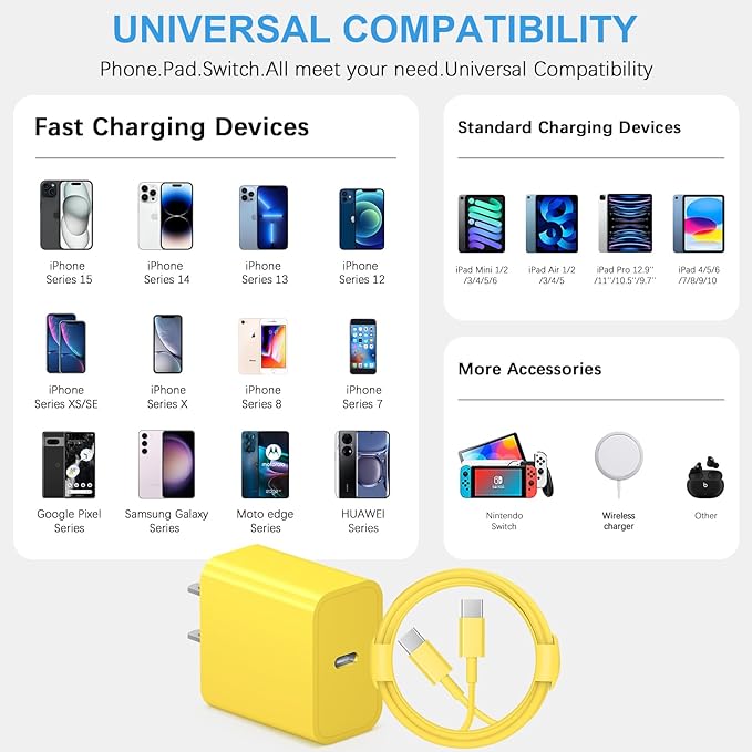 iPhone 17 16 15 Charger Fast Charging 3+3Pack Type C Charger USB C Chargers Block with 6FT Cable for iPhone Air/17/17 Plus/17 Pro/17 Pro Max/16/16 Plus/16 Pro/16 Pro Max/15/15 Pro Max/iPad Pro(Yellow)