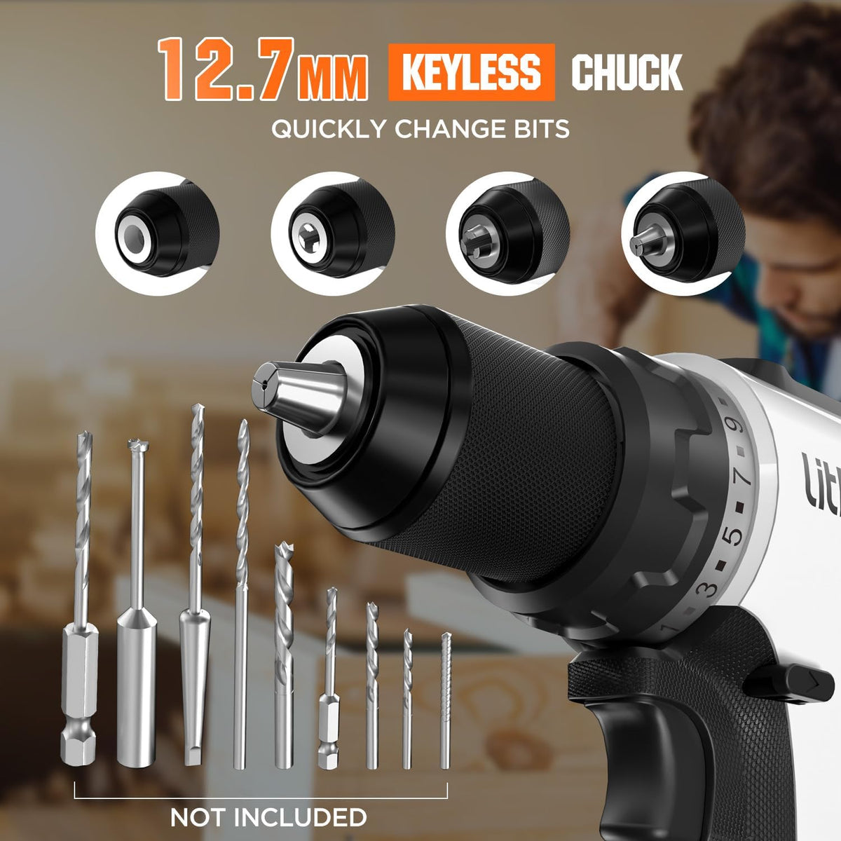 Litheli Cordless Drill Driver, Brushless Electric Power Drill with 2 Variable Speed, 1/2 Inch Keyless Chuck, 17+1 Clutch Settings with Maximum Torque of 530 In-lbs (Battery and Charger not Included)