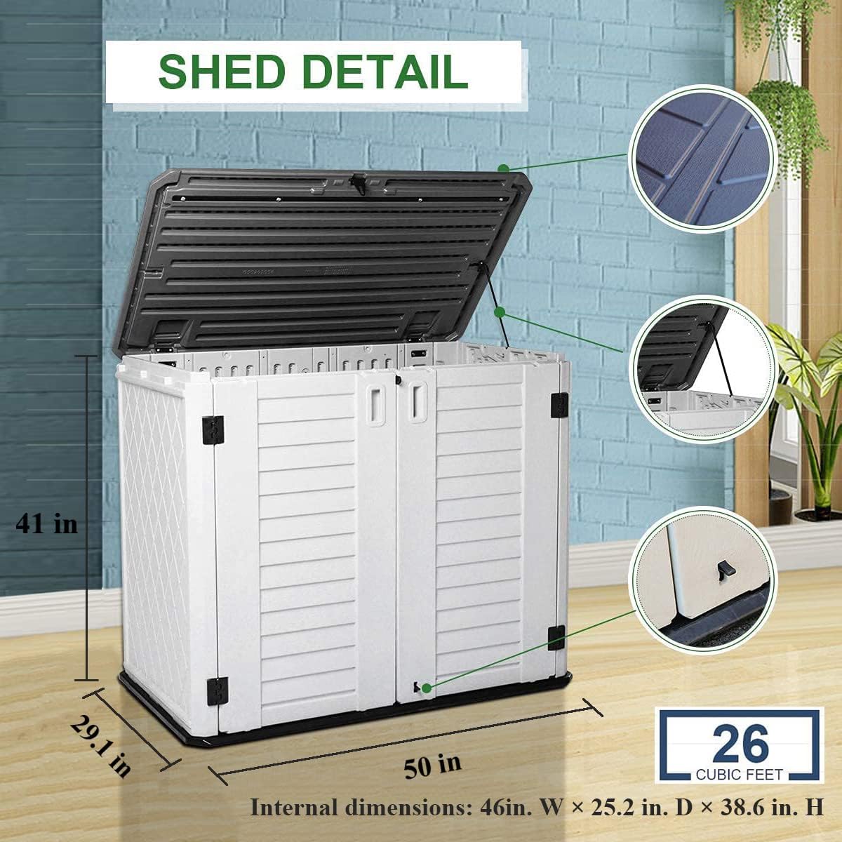KINYING Outdoor Storage Shed - Horizontal Storage Box Waterproof for Garden, Patios, Backyards, Multi-Opening Door for Easy Storage of Bike, Garbage Cans, Tools, Lawn Mower, Off-White, 26 Cubic Feet