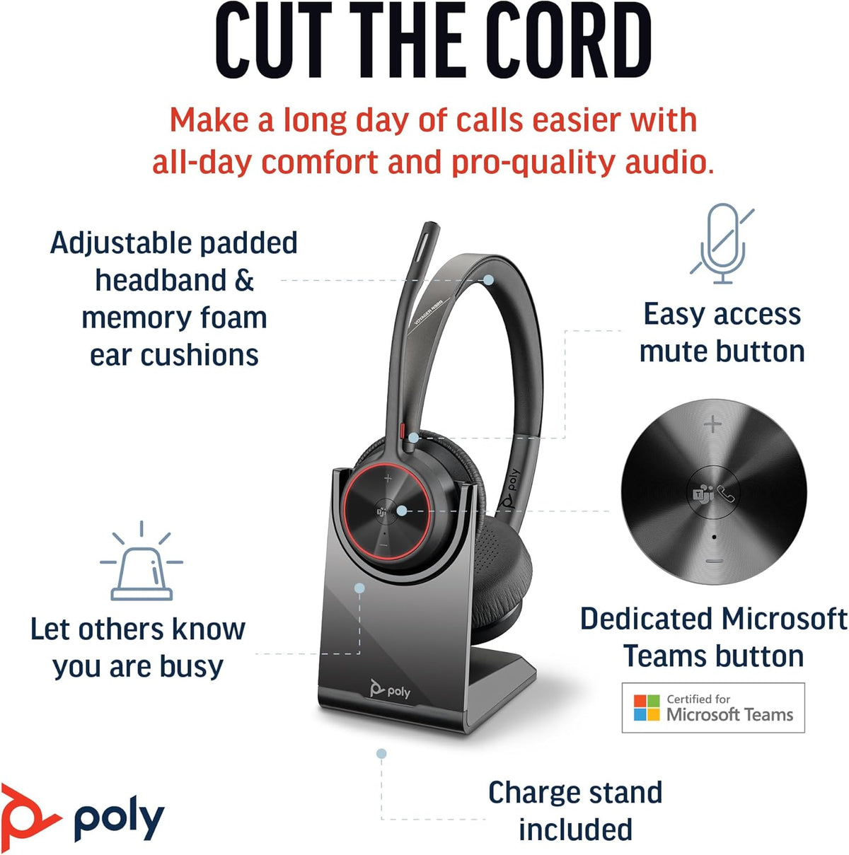 Poly Voyager 4320 UC Wireless Headset & Charge Stand (Plantronics) - Stereo Headphones w/Noise-Canceling Boom Mic - Connect PC/Mac/Mobile via Bluetooth-Works w/Teams (Certified), Zoom-Amazon Exclusive