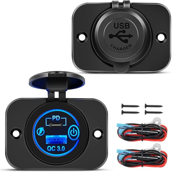 Nilight 2 Pack PD Type C and QC 3.0 USB Fast Outlet Panel with LED ON Off Touch Switch Fused Wire Kit for 12V 24V Cars Trucks RVs Motorcycles Buses Boats