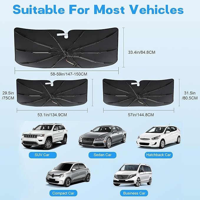 Windshield Sun Shade Umbrella, Portable Foldable, Spring Structure Wind Shield, Front Window Sunshade, Protect from Sun Rays Car Windshield, Universal for Any Car (61'' x 33.4'')