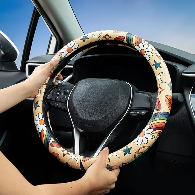 Rainbow Love&Peace Steering Wheel Cover Auto Jacquard Steering Wheel Protector, Anti-Slip, Breathable, Absorbing Sweat, Universal Car Accessories 14.5–15 inch,Fit for Most Car, Trucks, SUV