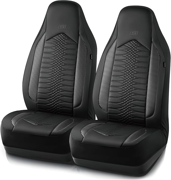 Skechers Memory Foam Car Seat Covers, Leather High Back Seat Covers Quilting Design,Waterproof Sports Car Seat Covers Front Seats,Airbag Compatible, Universal Fit for Most Cars, SUVs,Trucks,Black