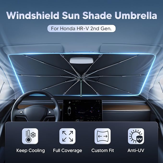 Autorder Windshield Sun Shade Umbrella for 2016-2022 Honda HR-V HRV Accessories,Upgraded Ice Crystal Material,Easy Setup Umbrella Sunshade for Car Windshield,100% Sun Blocking