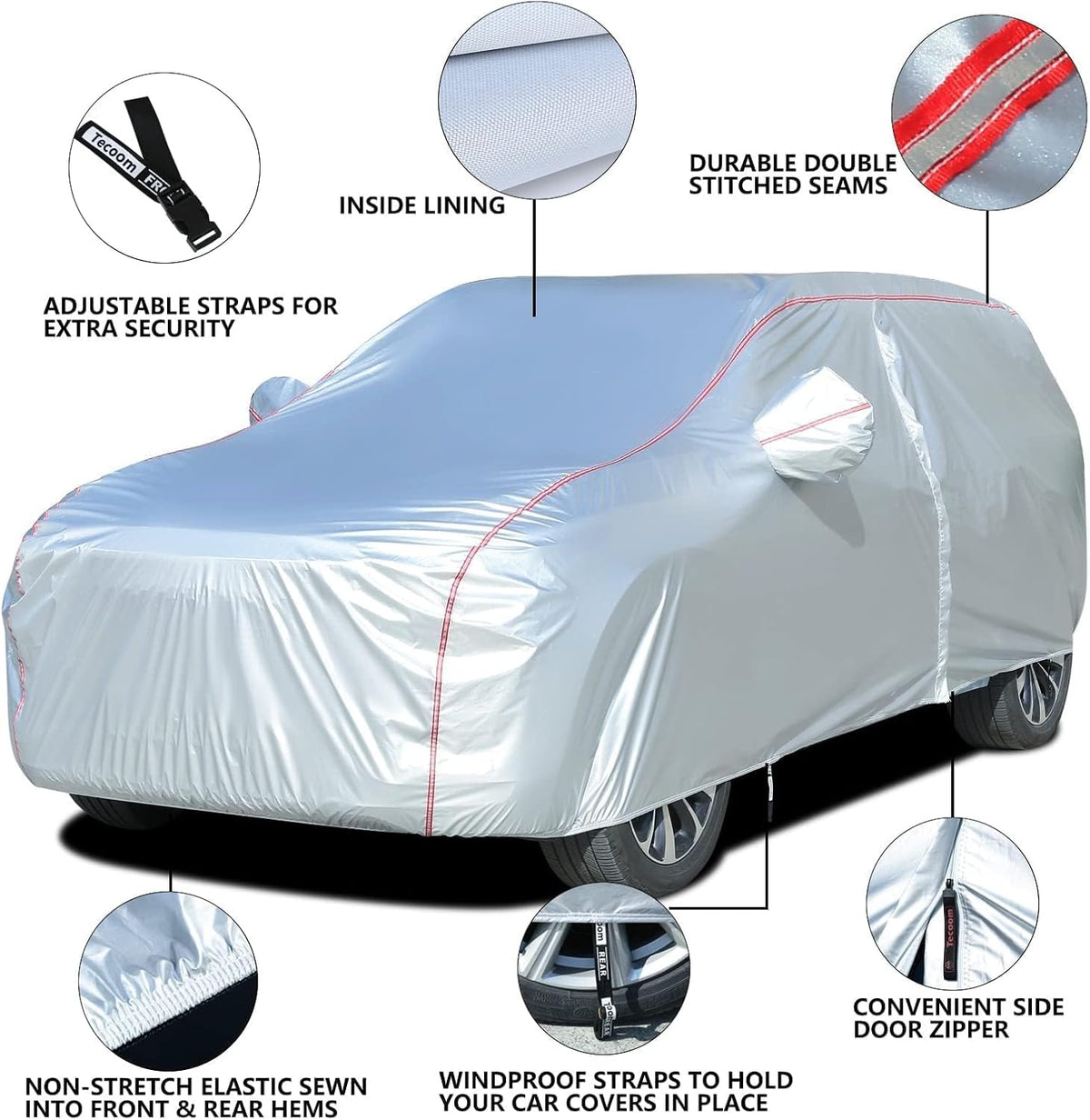 Tecoom Waterproof Car Cover for Tesla Model Y Honda CRV, UV Protection Car Covers for Toyota Corolla RAV4 Jeep, Door Zipper/Lock Windproof Car Cover All Weather Outdoor Indoor Fit 170-190 Inches SUV