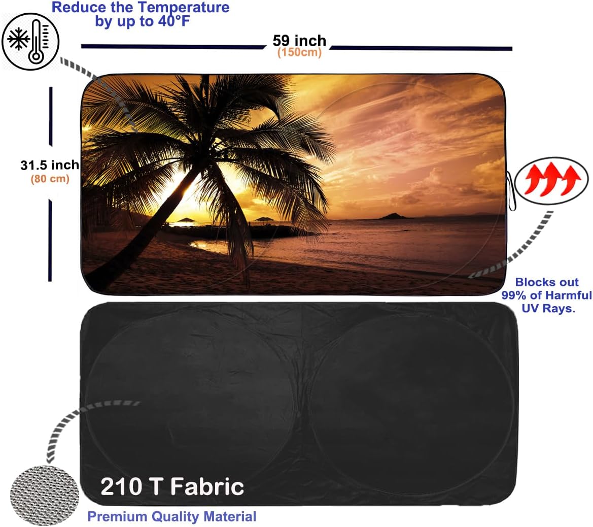 Gven Windshield Sun Shade, Vehicle Car Sun Shade Windshield Funny Yellow Beach Foldable Car Sunshade for Trucks SUV Cars Blocks UV Rays Keep Your Vehicle Cool (Yellow Sunset, S)