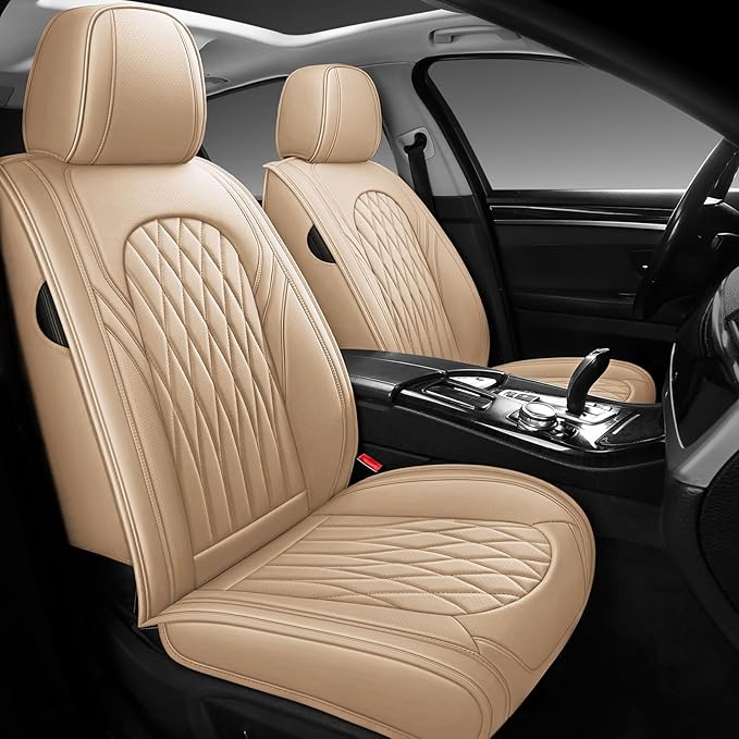 WELLDO Car Seat Covers Full Set, Leather Seat Covers for Cars, Car Seat Protector Waterproof, Non-Slip Car Interior Covers Full Set Universal Automotive Seat Covers for Most Cars SUVs, Beige