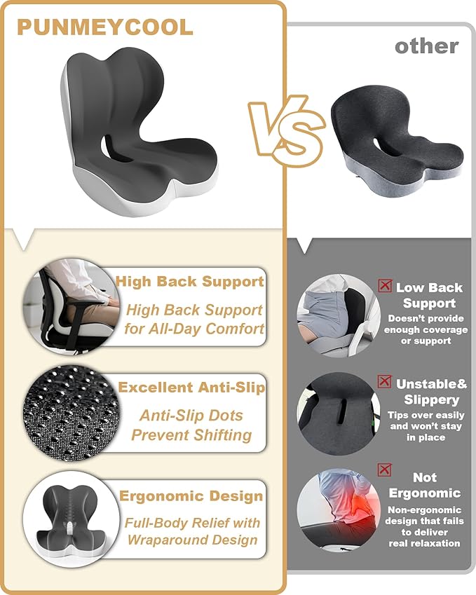 Lumbar Support Seat Cushion, Memory Foam Ergonomic Cushion for Sciatica, Hip & Tailbone Pain Relief – Office Chair, Car Seat, Gaming Chair for Long Hours Sitting & Drivers