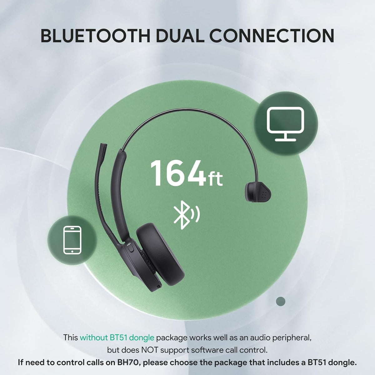 Yealink BH70 UC (NO Dongle) Wireless Bluetooth Headset with Microphone for Work, 35h Talking Battery Life, 3-Mic Noise Cancellation Headsets for Computer, 91g Lightweight Headphone for Open Office