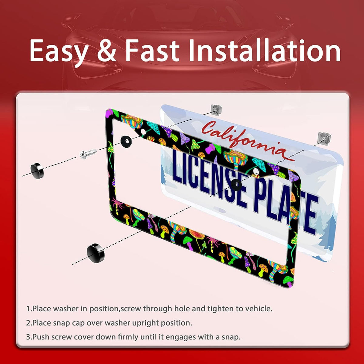 Personalise Colorful Mushrooms License Plate Frames Funny License Plate Frame Car Universal Stainless Steel Accessories Cars Decor with 2 Holes and Screws Fits Standard US Vehicles Size 12.2 x 6 Inch