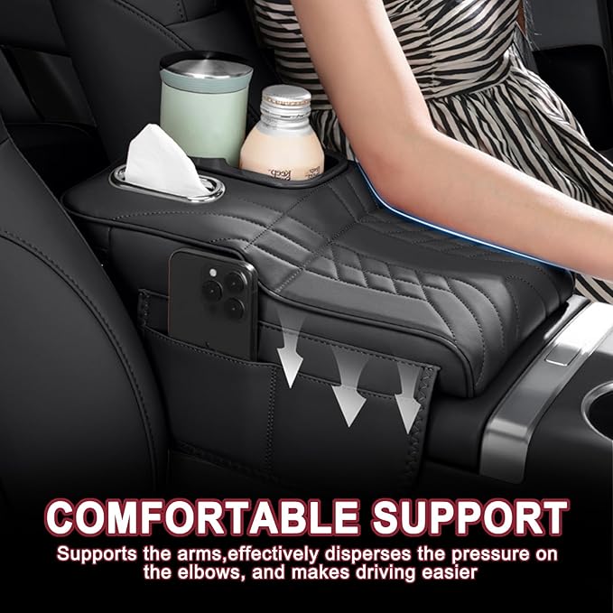 Car Armrest Storage Box for Cadillac SRX 2004–2016 2013 2014 2015, Sport-Style Center Console Organizer with Side Pocket, PU Leather Armrest Cushion, Elbow Support Pad,A Black