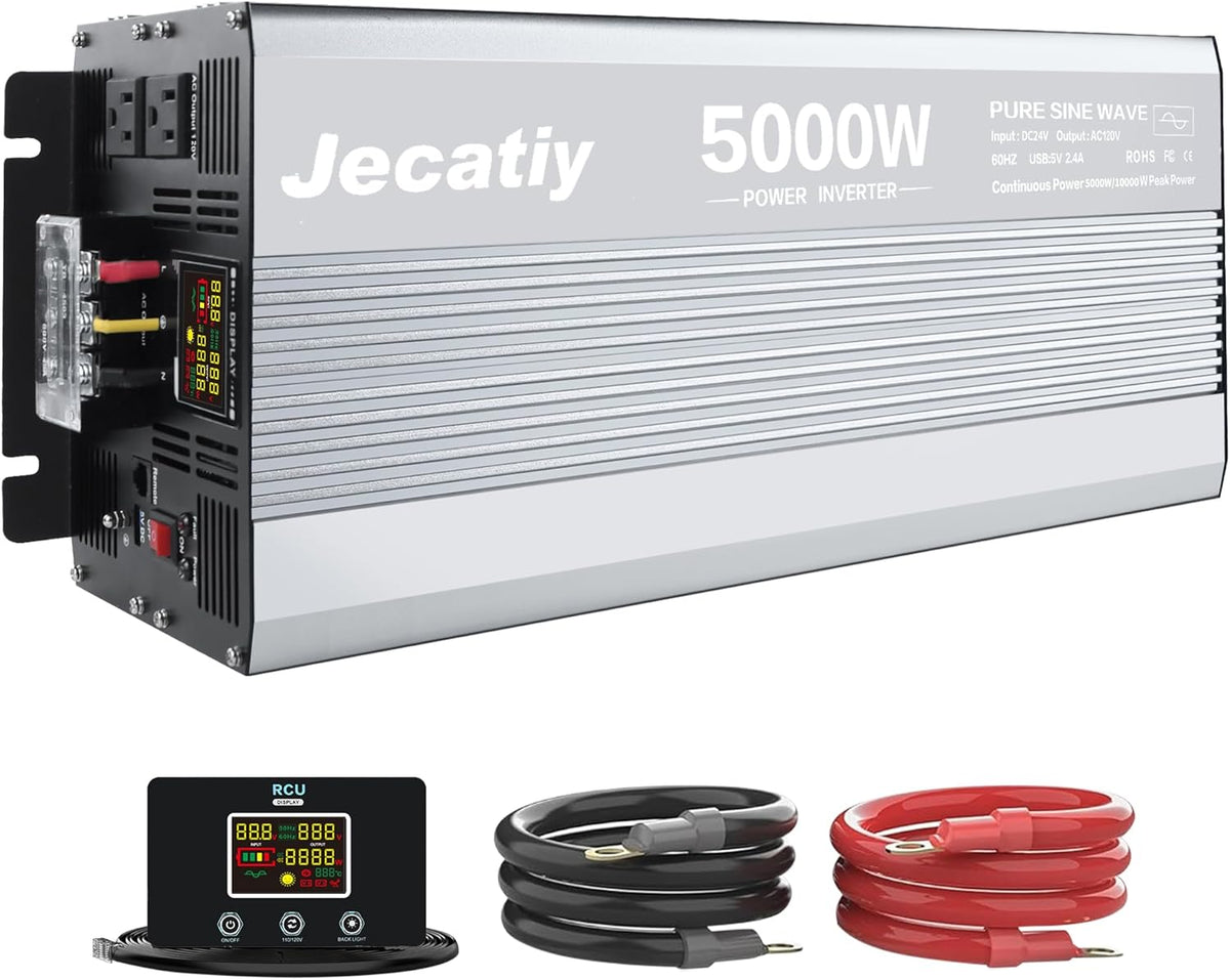 5000 Watt Pure Sine Wave Power Inverter DC 24V to 110V/120V AC Converter with 2 AC,5V 2.4A USB Charging Ports, Car Solar Power Inverters with LCD Display for Home RV Truck