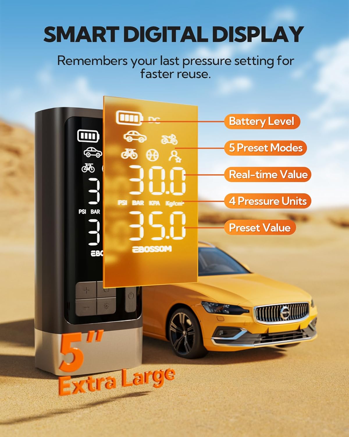 Portable Tire Inflator with Dual-Cylinder, 5 x Fast Inflation Car Air Compressor with Memory Function, 150PSI Cordless Tire Inflator Rechargeable with Battery,12V DC for Pickup Car, Moto, Bikes, Balls