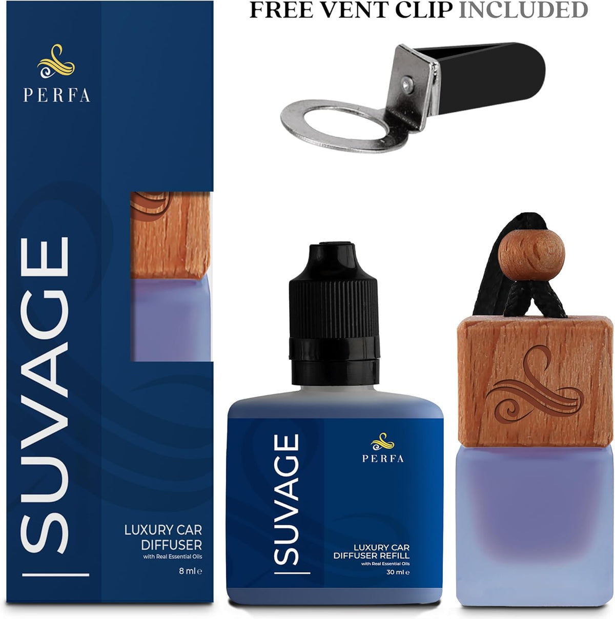 Suvage Gift Set with Refill Bottle | Automotive Air Fresheners with Sauvage Fragrance | Strong Car Perfume | Odour Eliminating Car Air Fresheners by Perfa