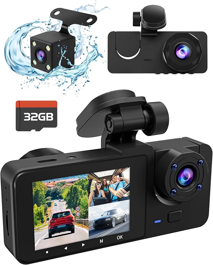 3 Channel Dash Cam,4K+1080P Dash Cam Front and Rear Inside, Dash Camera for Cars, Triple Car Camera with 32GB Card,Built-in G-Sensor, 2’’ IPS Display Car Camera,Loop Recording,24Hr Parking