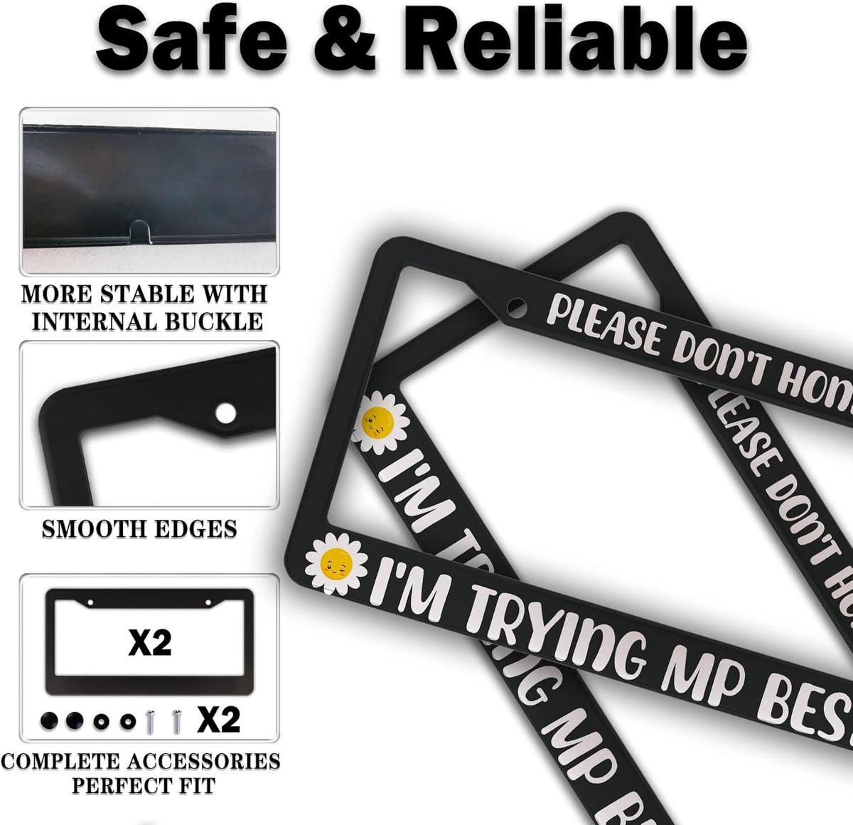 License Plate Cover Black and White License Plate Frames Please Don’t Honk I'm Trying My Best Aluminum Metal Car Accessory 2 Pack with Screw Covers Set