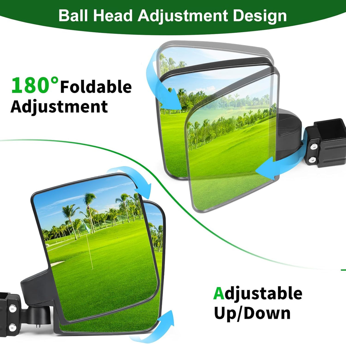 Golf Cart Mirrors Kit for EZGO Club Car Yamaha, No-Drilling Night Safety Reflective Design Golf Cart Side Mirror and Rear View Mirror Kit Universal Foldable and Adjustable Rotatable HD Glass