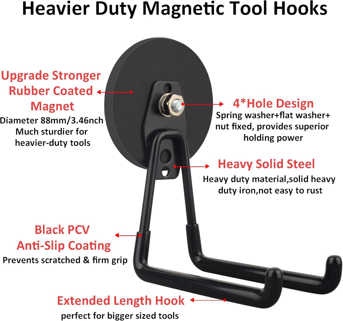 ULIBERMAGNET Strong Magnetic Ultimate Hooks,Large Magnet with Hooks for Heavy Duty Tools,Jig Saw,Hose, 2 Pack Heavy Duty Magnetic Hooks for Hammer Drill,Circular Saw,Garden Tool(3.46inch/Black)